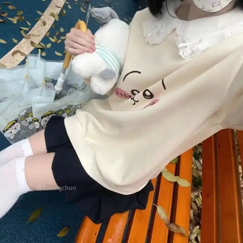 Kawaii Chiikawa Round Neck Sweatshirt Women's Long Sleeved Tops Y2K Girls Hoodies Loose Casual Pullover Comfortable Breathable