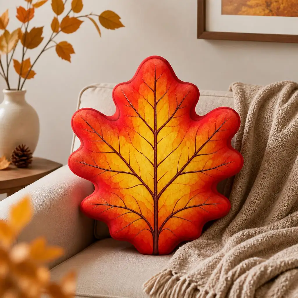 Autumn Oak Leaf Shaped Throw Pillow, 2D Flat Watercolor Printed Stuffed Cushion, Fall Harvest Decorative Pillow for Sofa Bedroom