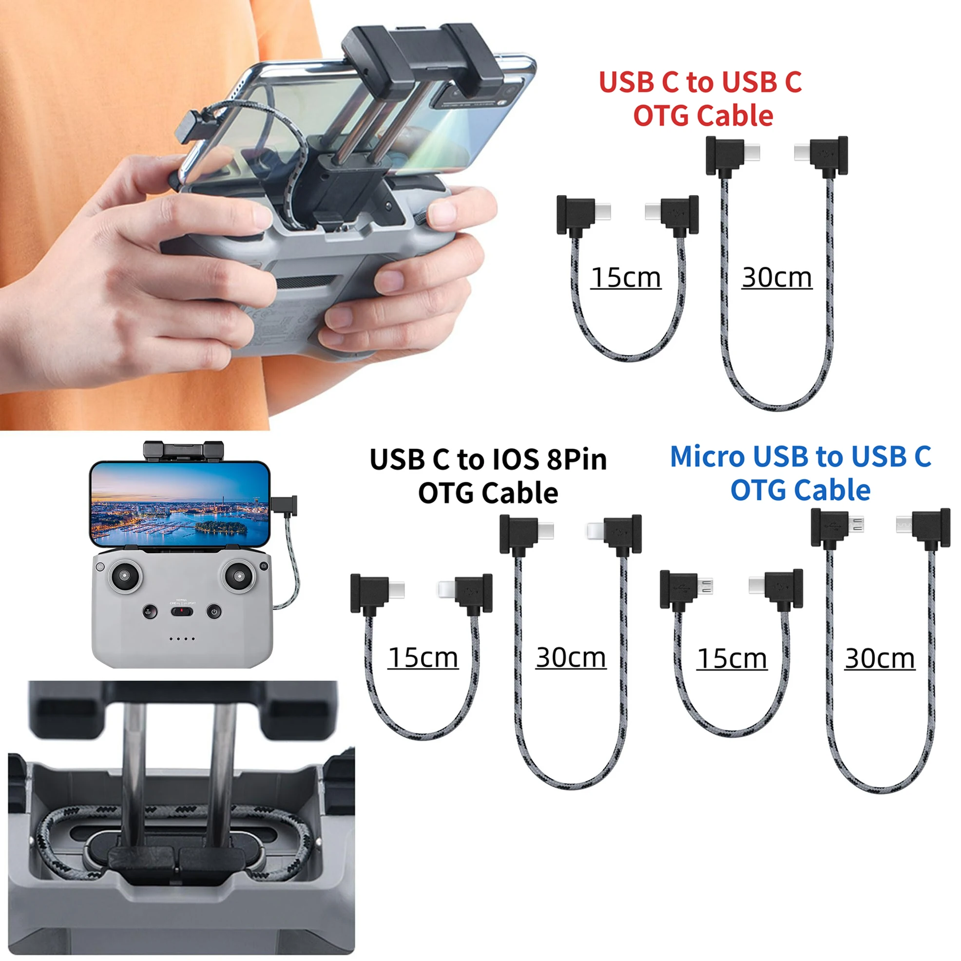 Dual Elbow OTG Data Cable 15cm 30cm For DJI Mini 2/3/4K/Air 2S/Air3/Mavic 2/3 Drone Remote Controller USB Type-C IOS 8Pin Phone