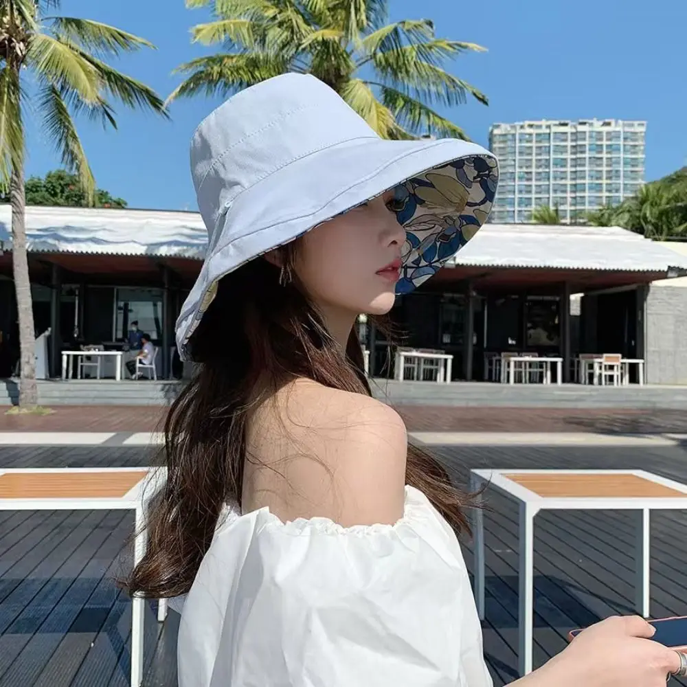 High Quality Double-Sided Printed Sun Hat UV Protection Sun Protection Fisherman Hat Large Brim Windproof Beach Cap for Women