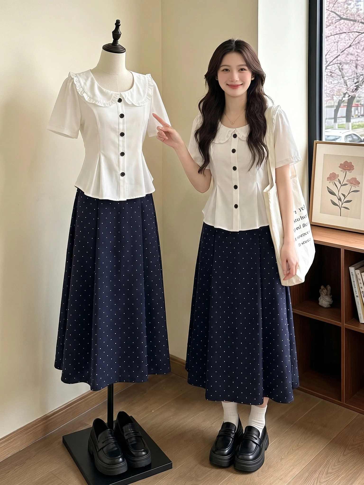 

plus Size Women's Fashion Set Korean Style Polka Dot Doll Collar Top And Midi Skirt Two Piece Blue Summer Outfit Casual Commute