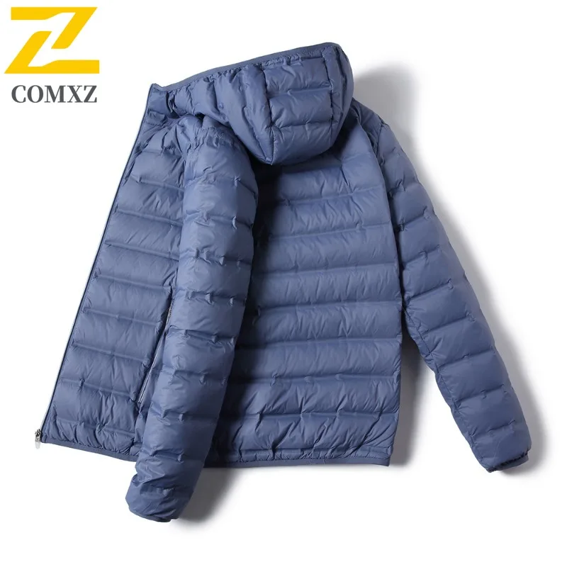 COMXZ 2025 Mens Winter Hooded Thick Puffer Jacket American Style Waterproof and Windproof Long Outdoor Sports solid color Coat