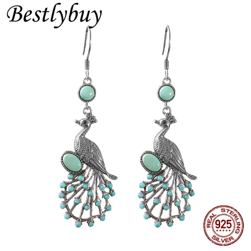 

Natural Turquoise S925 Silver Fashionable Peacock Unique Design Long Earrings Women's Retro Bohemian Exaggerated Jewelry