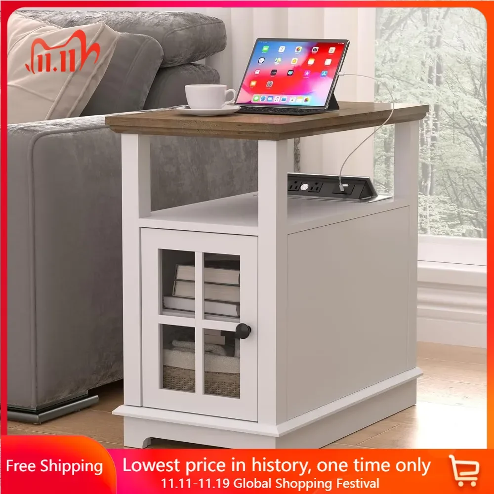 

Solid Wood End Table, with Flip Top Charging Station and Storage Cabinet, Type-C & USB Port & Power Outlets,Storage End Tables