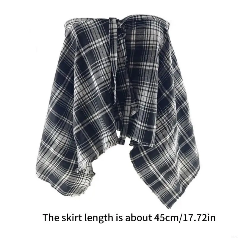39BC Checekered A خط المئزر تنورة تراكب تنورة التعادل التستر ممزق تقليم غير النظامية التفاف نصف تنورة قميص موسع