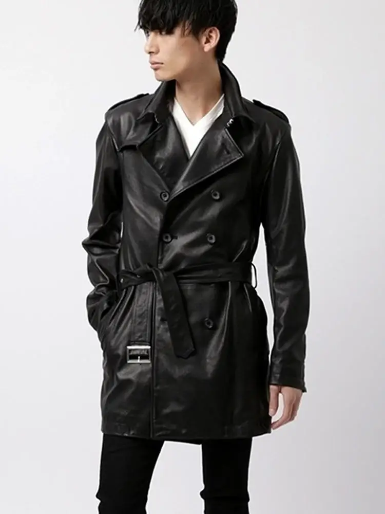 

Мужская двубортная куртка из натуральной овечьей кожи средней длины, модная городская повседневная одежда на весну, прямой крой