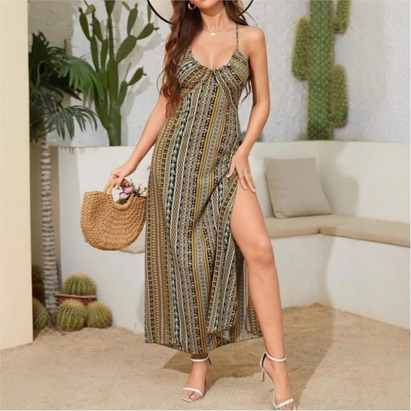 Abito sexy da donna con motivo estivo senza schienale e coscia divisa da donna Boho Fashion con volant e maxi abiti per le vacanze al mare