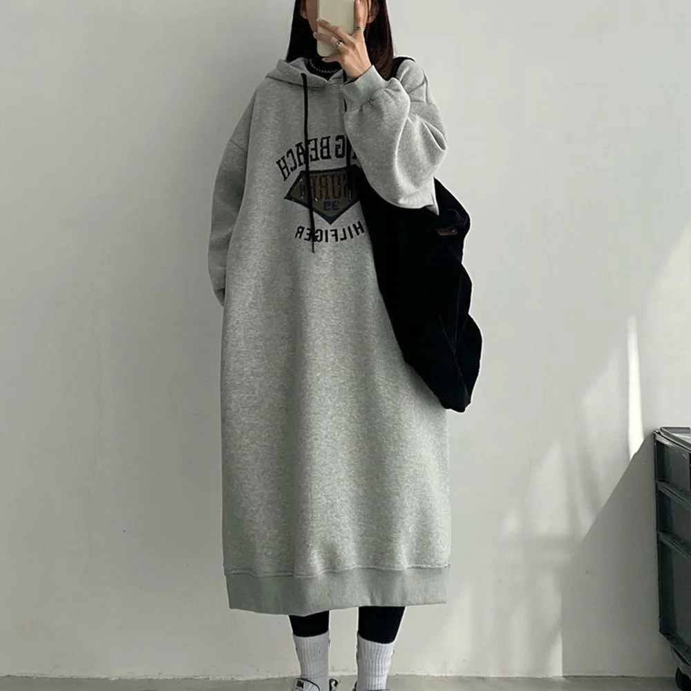 Plus Size 4XL 140KG Dress Women Fleece Sweatshirts Oversized Cartoon Hooded Casual Dresses Winter Korean Loose Long Dress