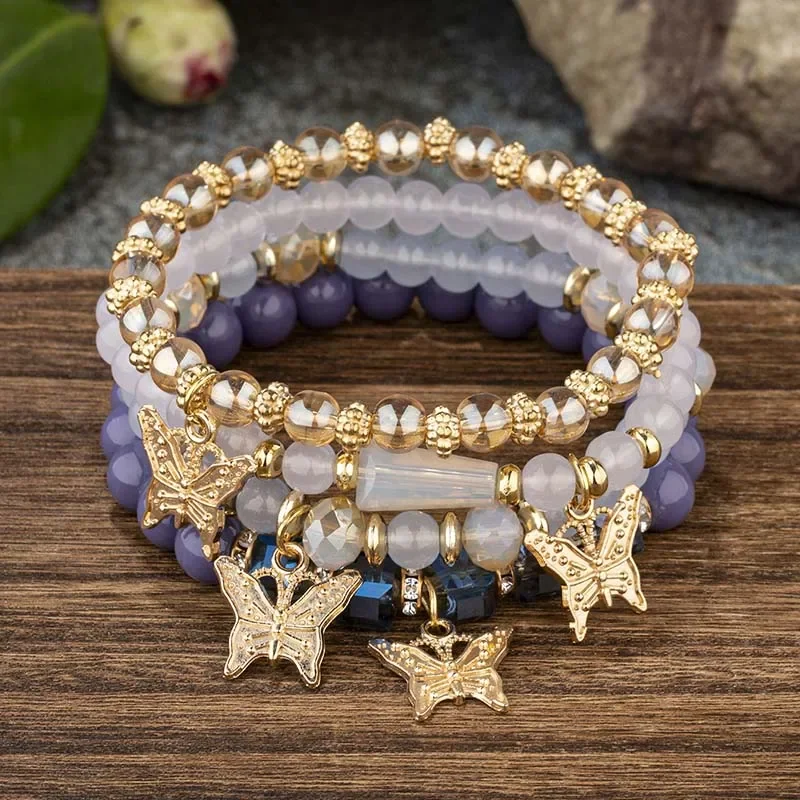 Conjunto de pulsera con cuentas de mariposa para mujer, brazalete de cadena elástica con cuentas acrílicas rosas, regalo de joyas de fiesta bohemia, 4 Uds.