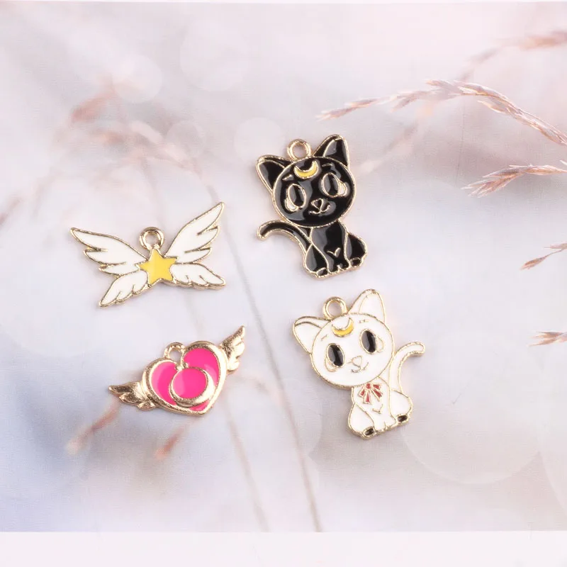 1pcs Diy Jewelry Accessories Drop Oil Alloy Sailor Moon Black Cat Heart Wing Bracelet Earrings Drop Material Handmade Charms