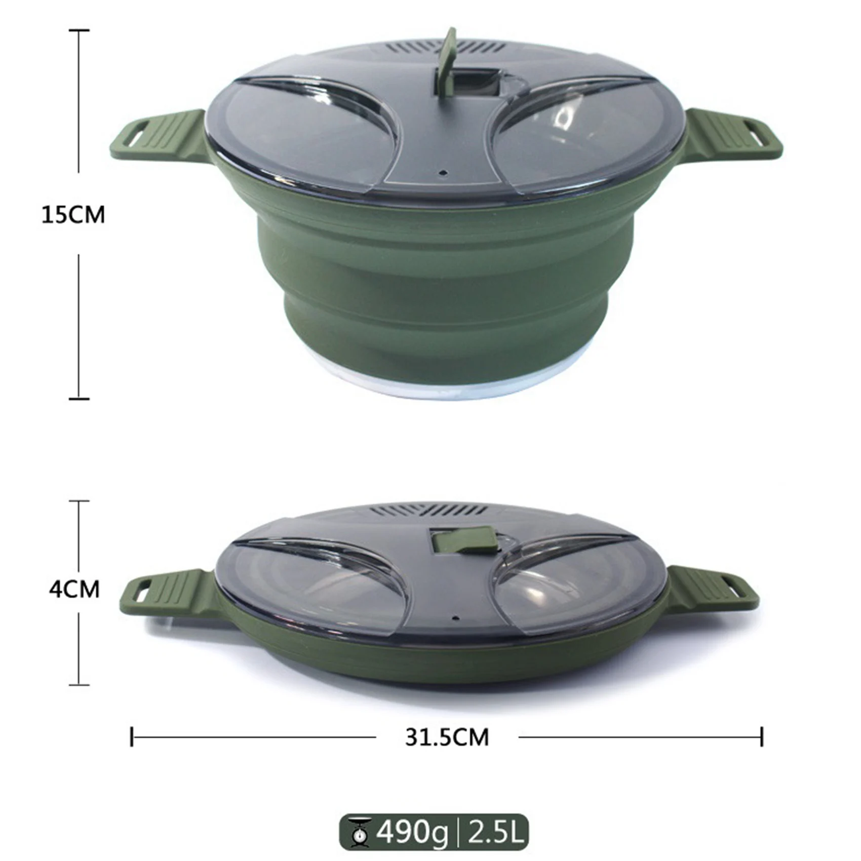 Outdoor Folding Pot Silicone Hiking Cooking Pot Portable Picnic Pot Stainless Steel Camping Cooker,Green