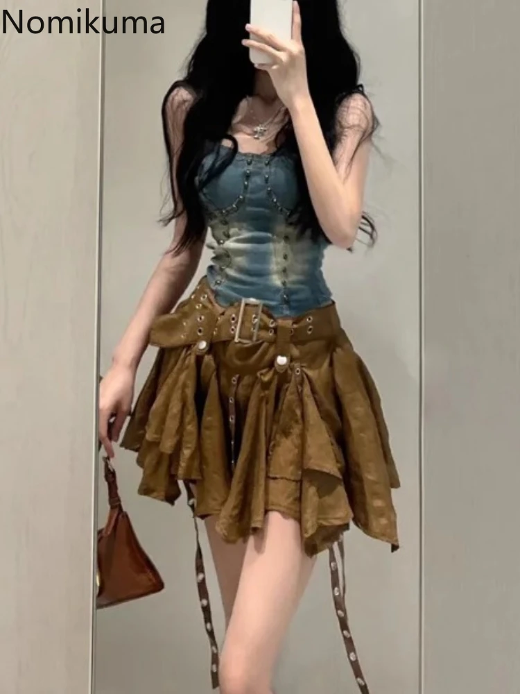 

Комплекты юбок, комплекты из двух предметов, Ropa Mujer, винтажный джинсовый жилет с заклепками, мини-юбка с нерегулярными оборками, модный летний костюм Y2k