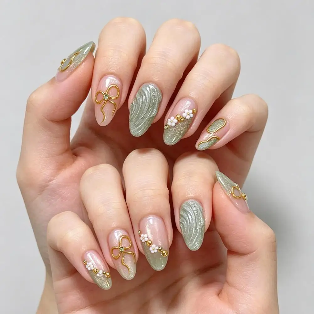 10/30Pcs Nude Mint Green Cat Eye Press On Nails with 3D Flower Beads Rhinestone Bow Fake Nail Medium Almond False Fingertips TD