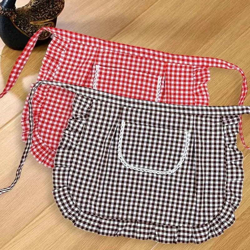 Half Waist Square Check Apron Cotton Blend for Home Cooking Stain Resistance Work Wear Kitchen Add-ons