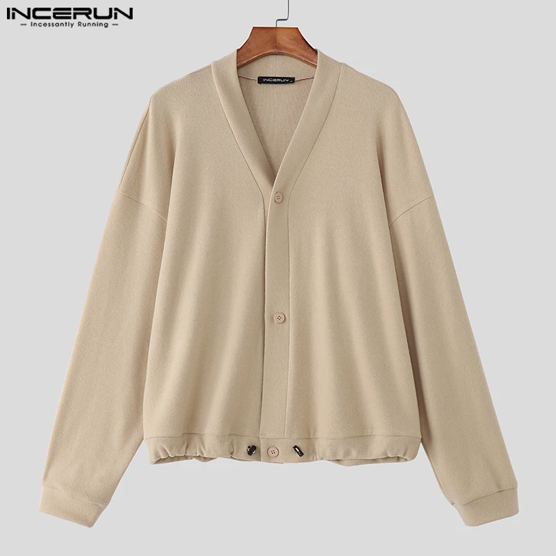INCERUN Men Cardigan Solid Color V Neck Long Sleeve Button Casual Male Sweater Streetwear Knitted 2025 Fashion Sweater Coats Men