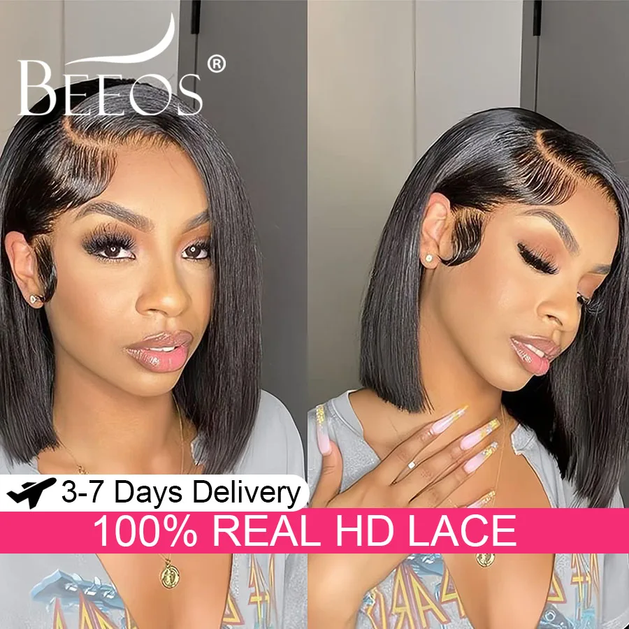

250% 13x6 Real HD Lace Frontal Human Hair Wig Short Bob Straight Pre Plucked Lace Melted Brazilian Hair Bleached Knots For Women