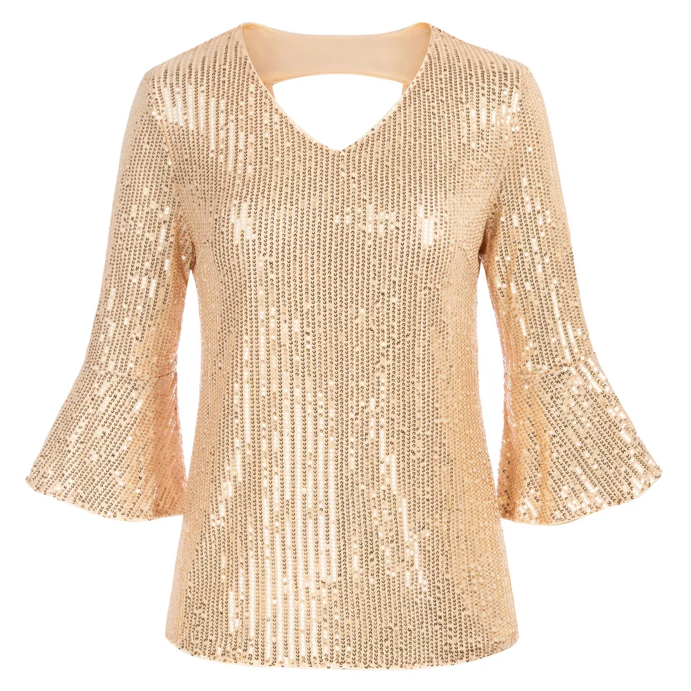 GK Women Sequined Cut-out Tops 3/4 Bell Sleeve V-Neck Hip Length Party Tops