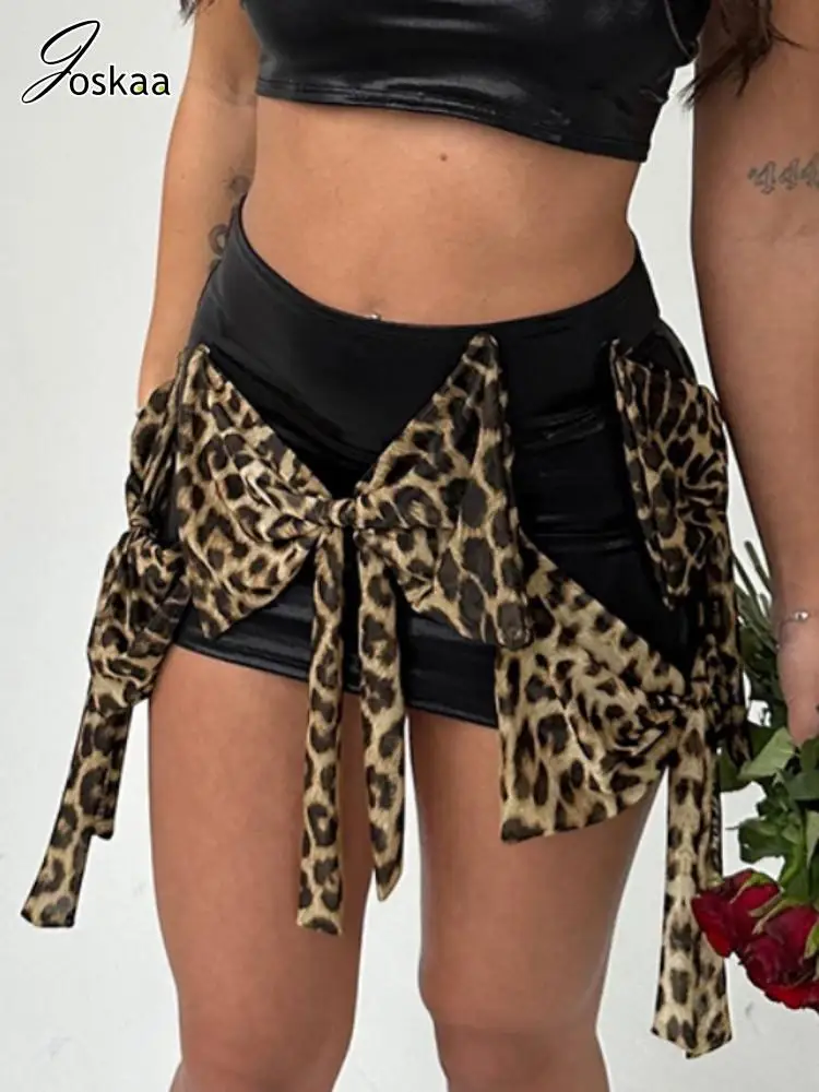 Joskaa Leopard Bow Applique Hip Skirt Women Hipster Sexy Elastic Waist Mini Skirts 2025 Party Club Female Bottoms Y2K Streetwear