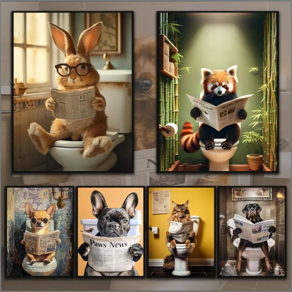

Funny Bathroom Humorous Animal Poster Home Living Bed Room Bar Hallway Sticky Wall Art Printing Waterproof Aesthetic Decor