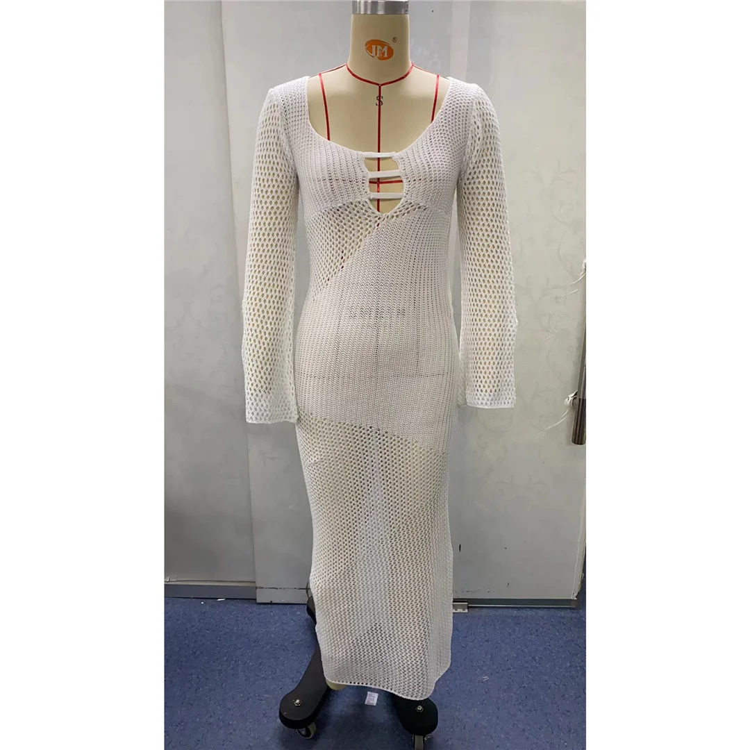 Neues, langärmeliges, rückenfreies, gehäkeltes, gestricktes Tunika-Strandkleid, Strand-Cover-up, Strandkleidung, Damenmode V5994 – Detail 10