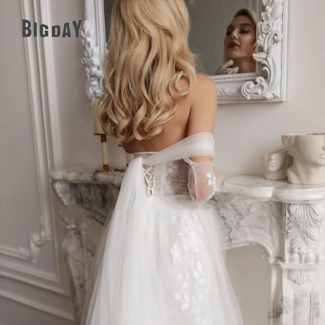 Elegant Wedding Dresses for Woman 2024 BoHo Beach Strapless Detachable Sleeves Side Split Lace Applques Bridal Gowns vestidos