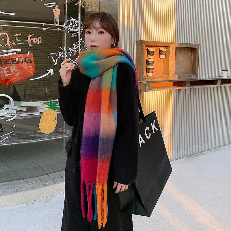 Rainbow Plaid Fashionable Tassel Shawl Blue Pink Plaid Scarf Winter Imitation Cashmere Scarf Cold Resistant Shawl for Women