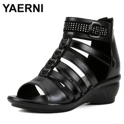 YAERNI Plus Size Women's Wedge Sandal High Heel Sandals Woman Sandals For Ladies Womans Summer Shoes Genuine LeatherE978