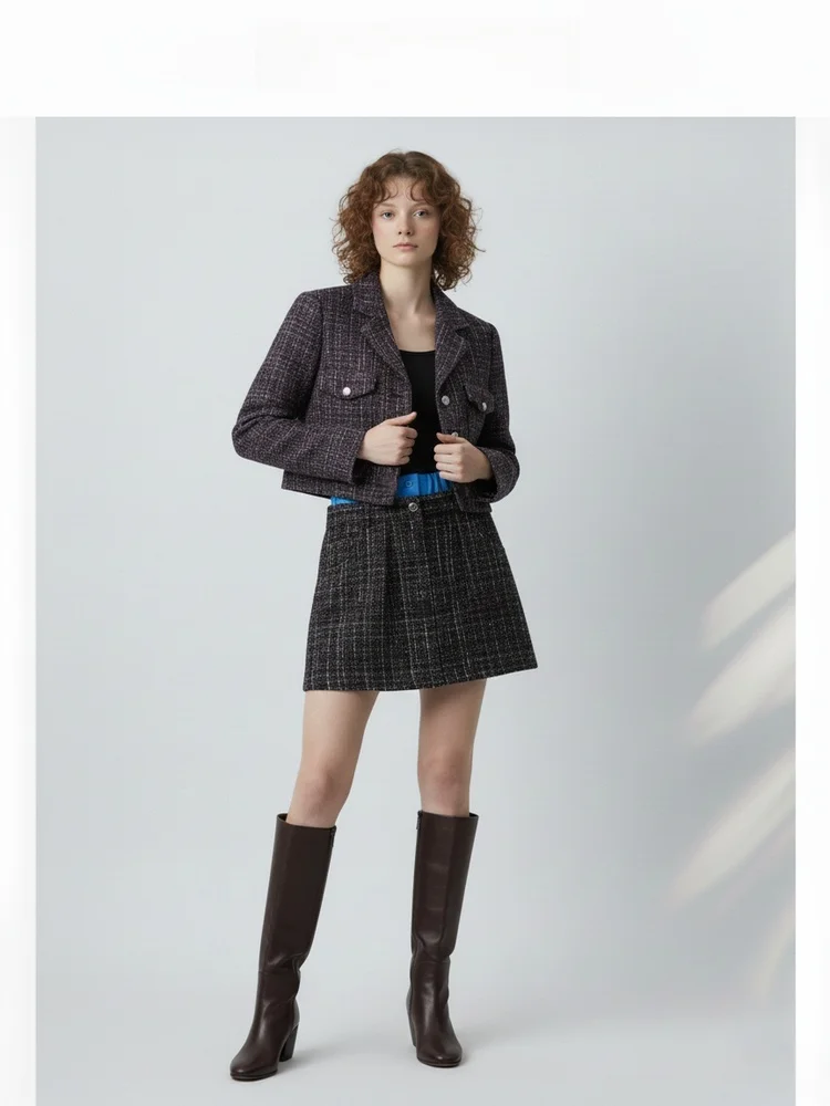 

ACOUOSTG Women's Autumn Winter Plaid Suiting Jaet And Skirt Set iny Tead Tailored Collar Faionable French Sle