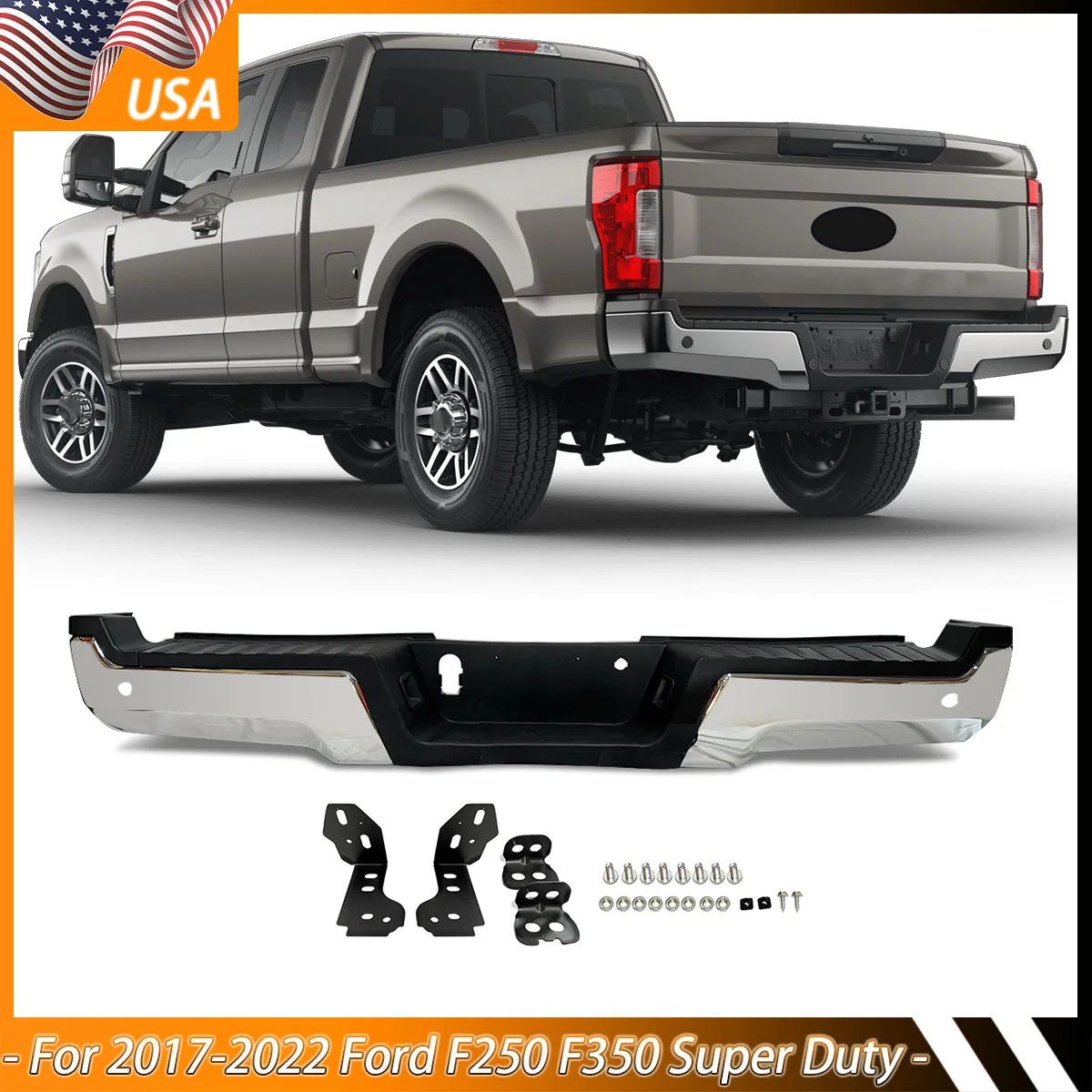 Modified For 2017-2022 Ford F250 F350 F450 Super Duty Chrome Steel with Parking Sensor Holes Rear Step Bumper Assembly Magickit