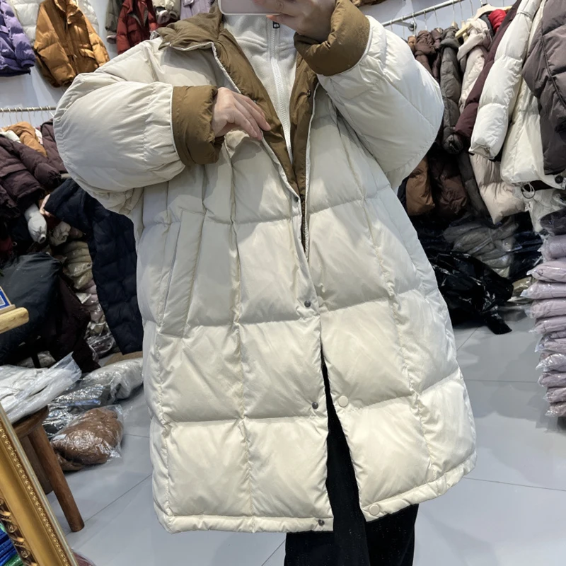 

Зимний длинный лоскутный пуховик с капюшоном, однобортная теплая верхняя одежда, женская куртка из 90% утиного пуха, парка до колена, пух JJ1062