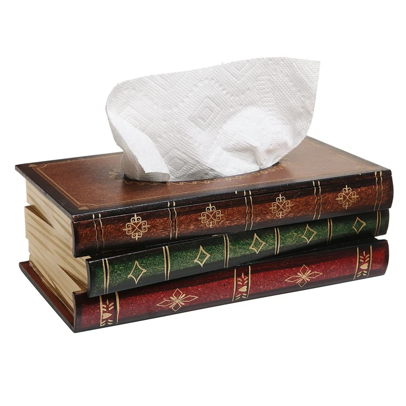 Vintage Stacked Books Design Solid Wood Tissue Box Holder Rectangular With Easy Refill Hinged Top,Green Easy To Use