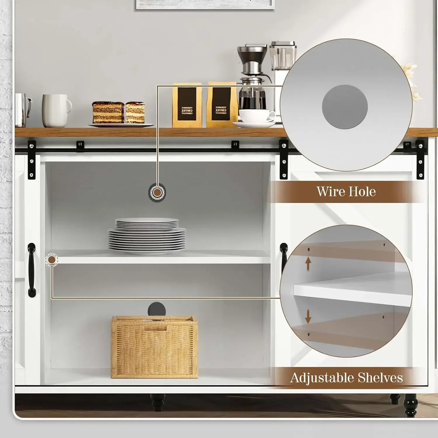 Armoire de planche avec porte de grange market, 58 en effet, table de bar basse blanche avec pieds de gourde en bois, table de planche pour salon et salle à manger