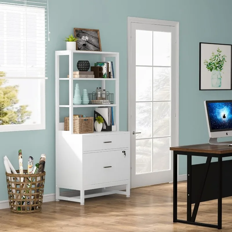 2 drawer vertical file cabinet with lock and bookshelf, letter size large modern file cabinet printer stand, open storage rack