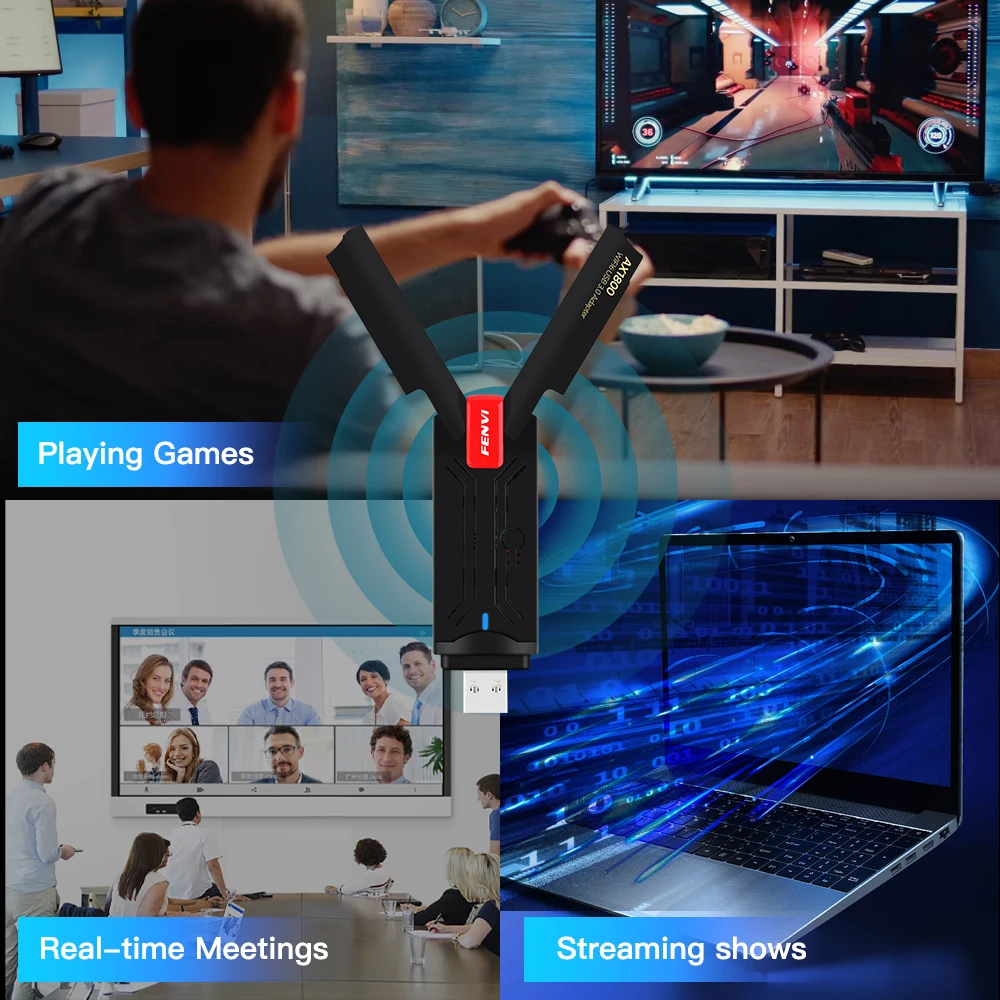 อะแดปเตอร์ Fenvi USB 3.0 WiFi 6 USB AX1800 Dual Band 2.4G/5GHz ดองเกิลไร้สาย1800Mbps ตัวรับสัญญาณ WiFi 802.11ax สำหรับ Win7 10 11
