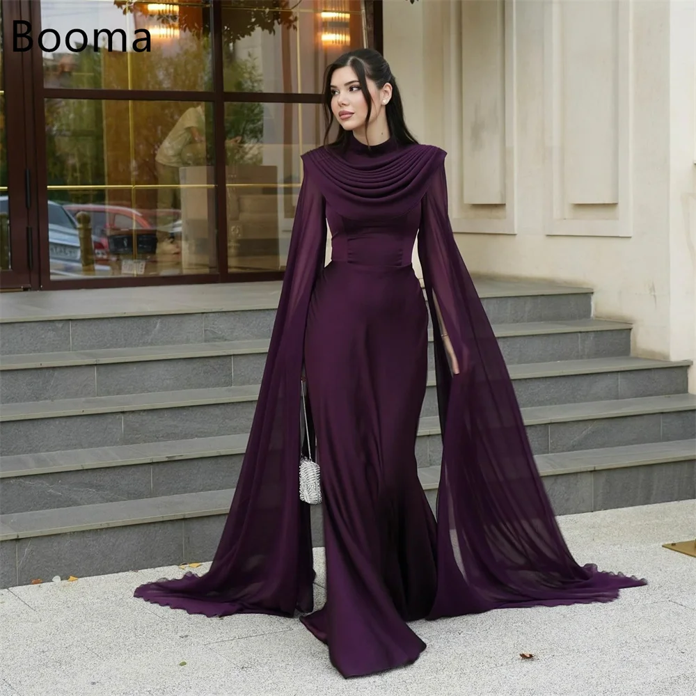 

Booma Mermaid O-Neck Purple Chiffon Evening Dresses Formal Dresses for Women Elegant Pleat Long Sleeve Prom Gowns Custom Made