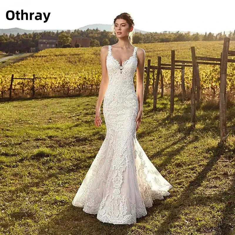 

Othray Appliques Lace Mermaid Wedding Dresses Sweep Train Illusion Buttons Back Dress Bridal Formal Gowns Beach Vestido De Novia