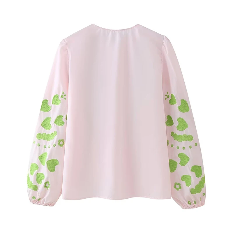YENKYE Floral Embroidery Lace Up Shirt Women Puff Sleeve O Neck Lady Blouse Spring Summer Blusas Streetwear ropa de mujer