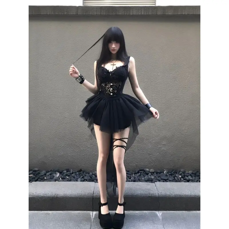 

Винтажный темно-готический сексуальный комплект из 2 предметов, женская кружевная короткая майка + пышная мини-юбка из тюля с высокой талией Y2k, эстетичный комплект 90-х годов