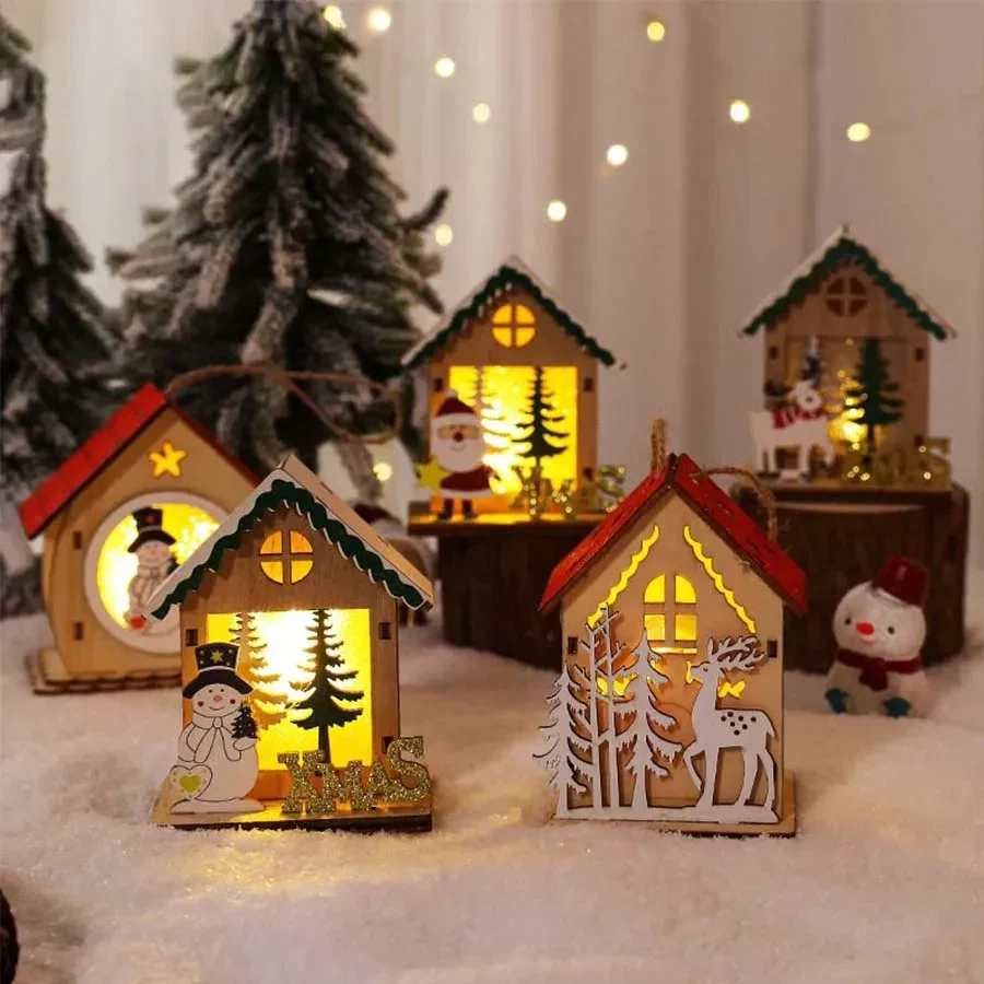 

1Pcs Mini Christmas New Decorative Luminous Wooden House With Battery LED Small Xmas Room Desktop Pendant Kids DIY Decoration