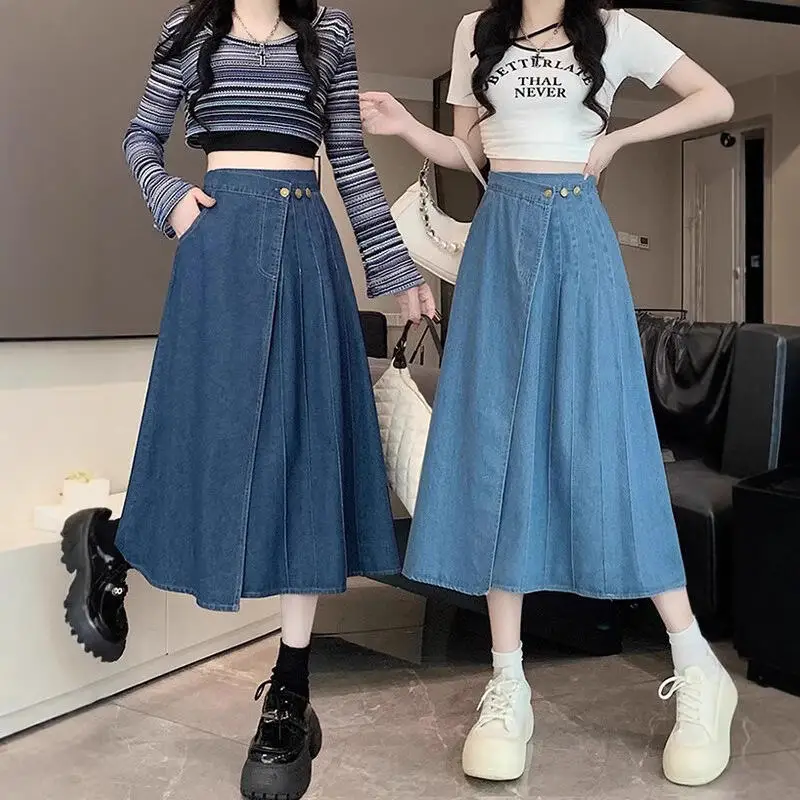 Springsummernew Women Clothing Retro Elegant Irregular Mid Length Denim Skirt Fashion Versatile High Waisteda Line Umbrellaskirt