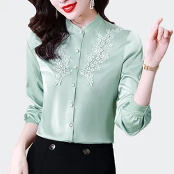 Simple Solid Fashion Women Blouse 2026 Elegant Satin Embroidery Long Sleeve Office Lady Shirts Vintage Basic Tops Femme