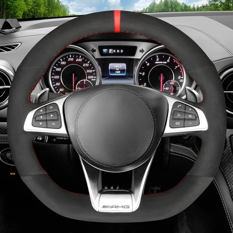 Tampa preta antiderrapante da trança do volante do carro da camurça, Mercedes-Benz A45, AMG, W205, C43, C63S, AMG, CLA45, CLS63, AMG, GLC, 43, 63, AMG