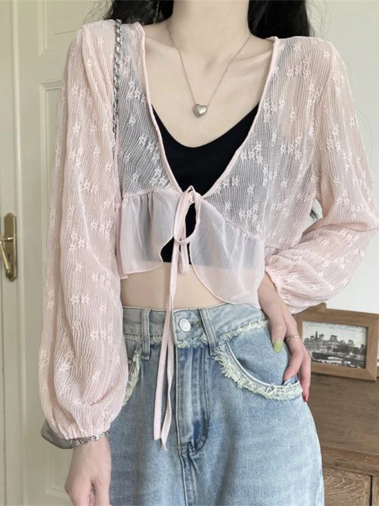 Cardigans Women Ruffles Sweet Elegant V-neck Lace Patchwork Sun Protection Long Sleeve Thin See Through Korean Fashion Summer