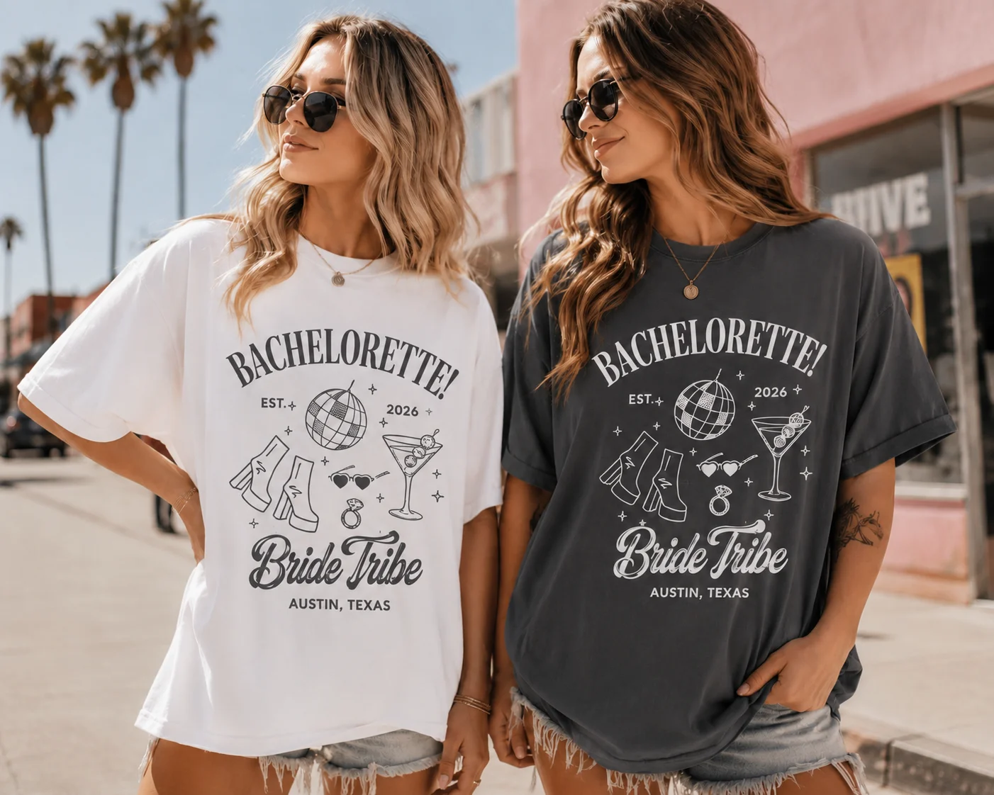 Women Personalized Bachelorette Party T‑Shirt, Disco Ball Martini Boots Graphic Top, Bridal Shower Bridesmaid Wedding Gift Tee