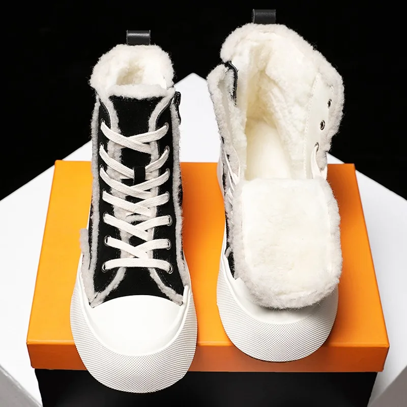 

British Genuine Leather Outdoor Casual High Top Snow Boots Men's Shoes Winter Thick Wool Warm Sport Fashion Hiking Cotton Boots