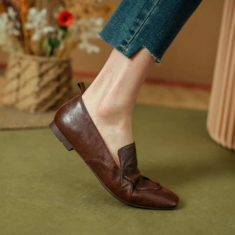 Soft Genuine Leather Square Toe Flats Slip On Women Loafers Simple Style Daily Shoes Lady Shoes Spring Autumn Women Flats