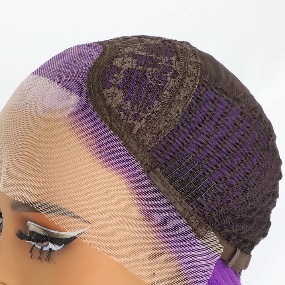 13*3 Purple Synthetic Lace Front Wigs Heat Resistant Fiber Hair Long Straight Hair Wigs Skunk Stripe Light Purple Highlights