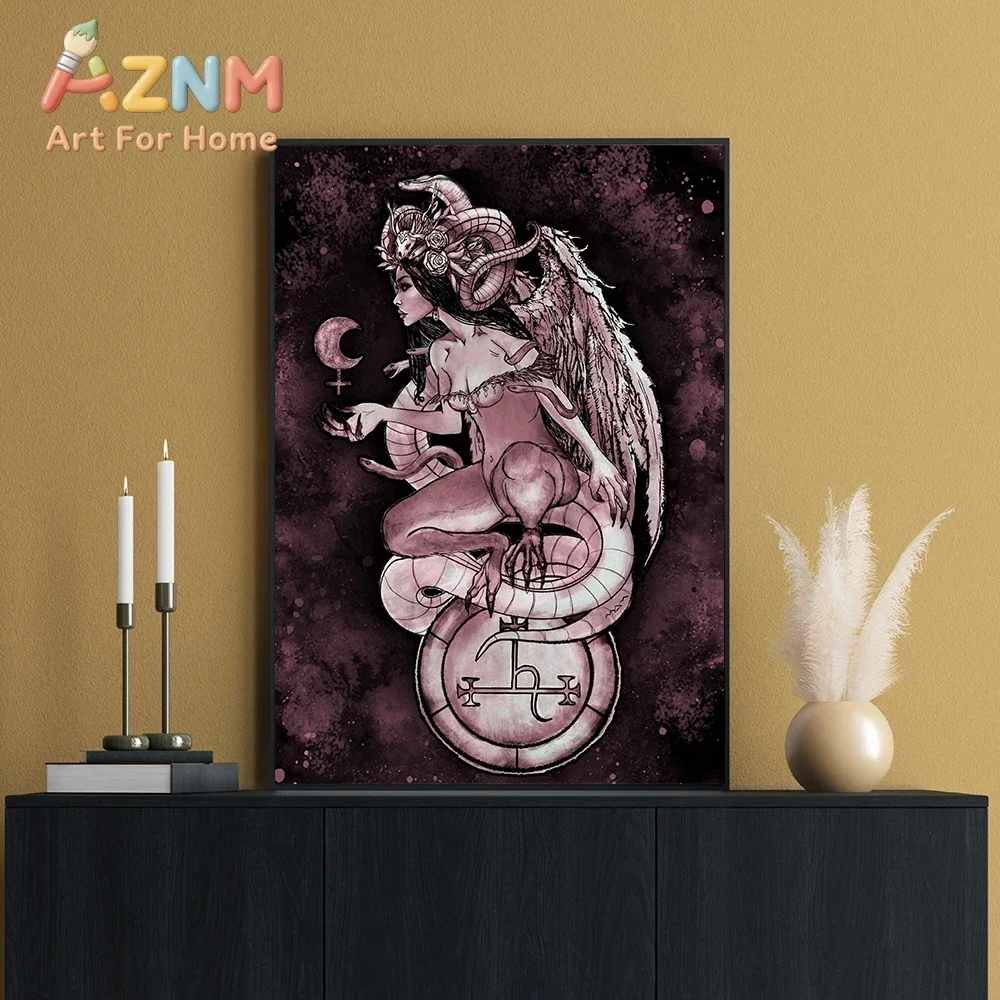 AZNM Gothic Demon Serpent Moon Canvas Wall Art, Frameless, Dark Mystic Occult Figure Print for Bedroom Gothic Style Decor