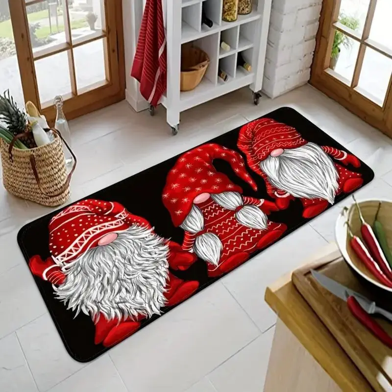 VIKAMA Christmas Gnome Kitchen Mat Red Sweater Tomte Runner Rug Black Non Slip Absorbent Anti Fatigue Christmas Holiday Decor