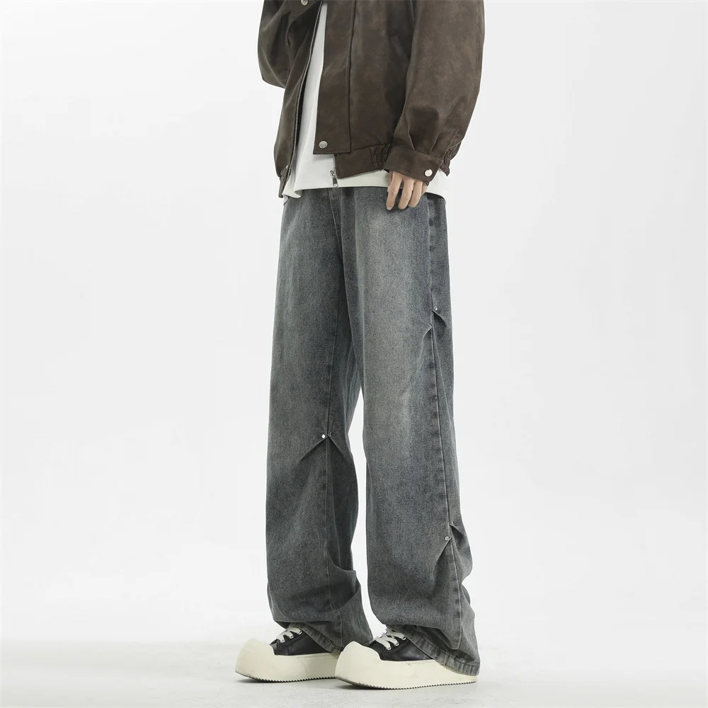 Celana Jeans Baggy Panjang Model High Street untuk Pria, Celana Denim Kasual Kaki Lebar, Celana Jeans Korea Streetwear Longgar Model Straight-leg